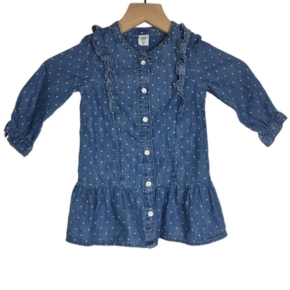 GAP Baby Polka Dot Chambray Dress Ruffle Long Sleeve Button Front Denim Size 2T - Picture 1 of 10